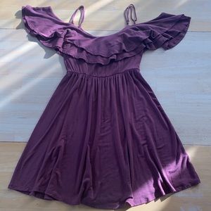 GOOD LUCK GEM. Small Spaghetti Strap Off Shoulder Flare Dress Dark Rose Stretchy